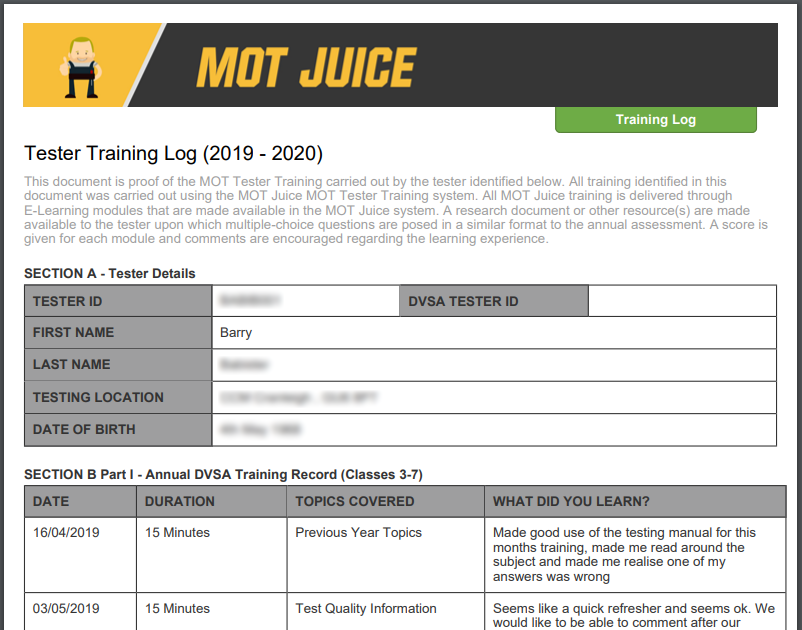 your MOT Juice training log automatically records all your training data ready for a ve visit