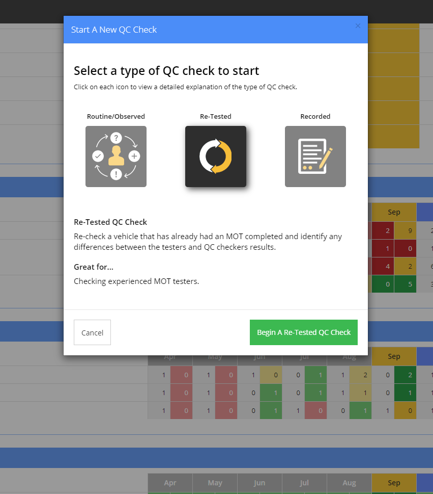 Selecting a type of QC Check template in the MOT Juice system